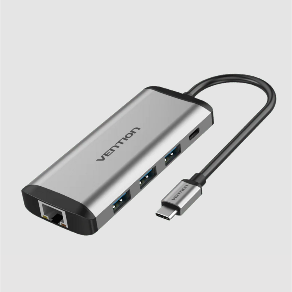 VEN-THAHB - Vention Multi-function Type-C to HDMI/USB3.0*3/TF/SD/RJ45/3.5mm/PD Docking Station 0.15m Gray Metal Type