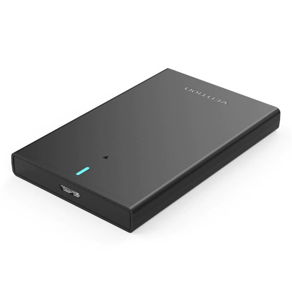 2.5-inch SATA hard drive enclosure with front USB Micro-B port, dark black case