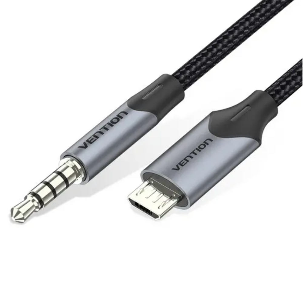 Black micro USB male to 3.5mm TRRS male audio cable with metal plugs