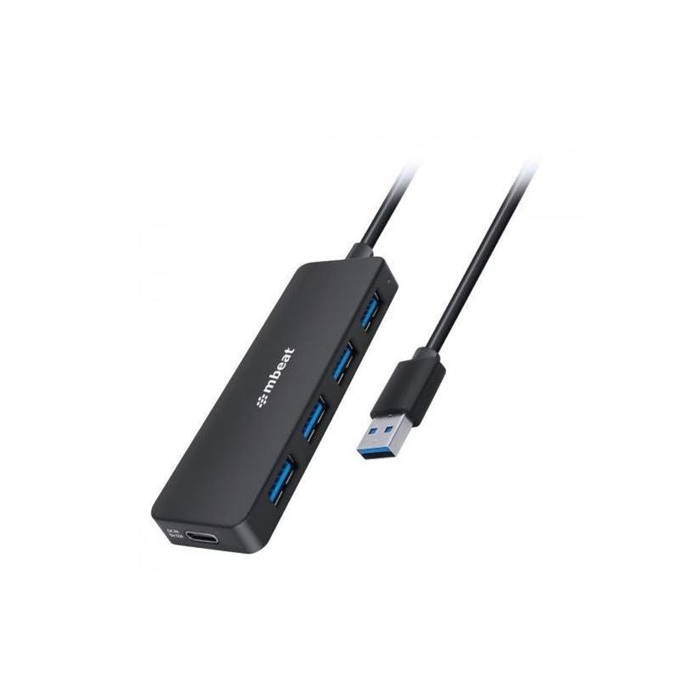 Black 4-port USB 3.0 hub with blue-lit ports and USB-A cable