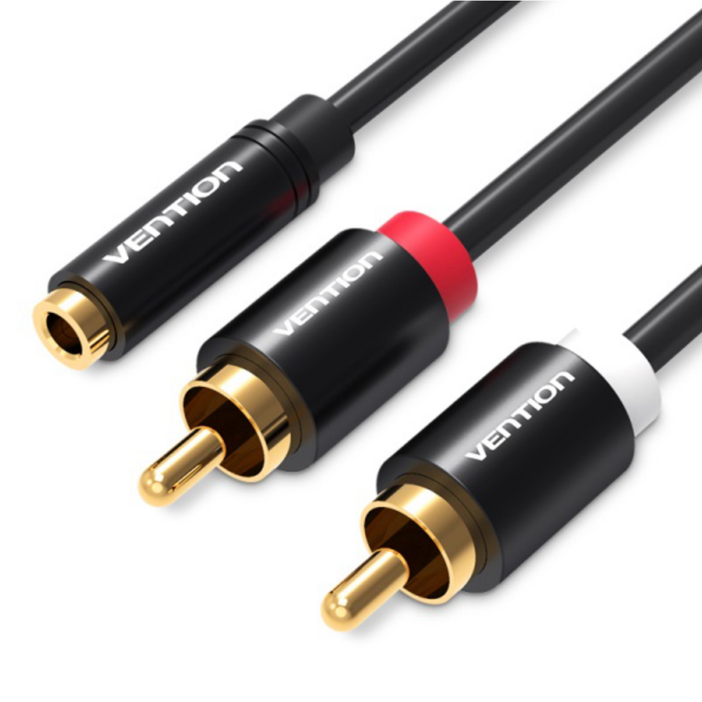 Black 3.5mm to dual RCA audio cable with gold metal connectors