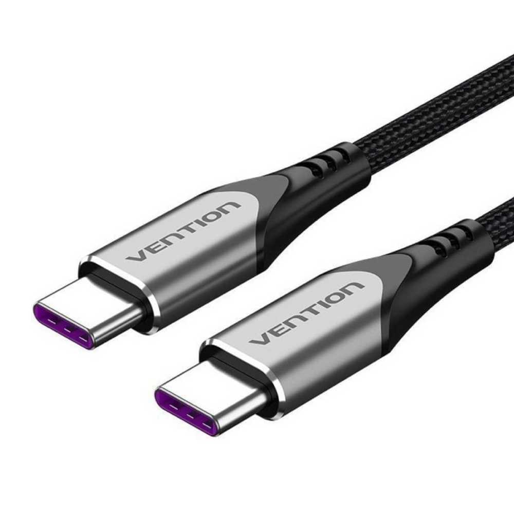 Gray USB-C male-to-male cable, braided black, aluminum housings, purple USB ends, 2m