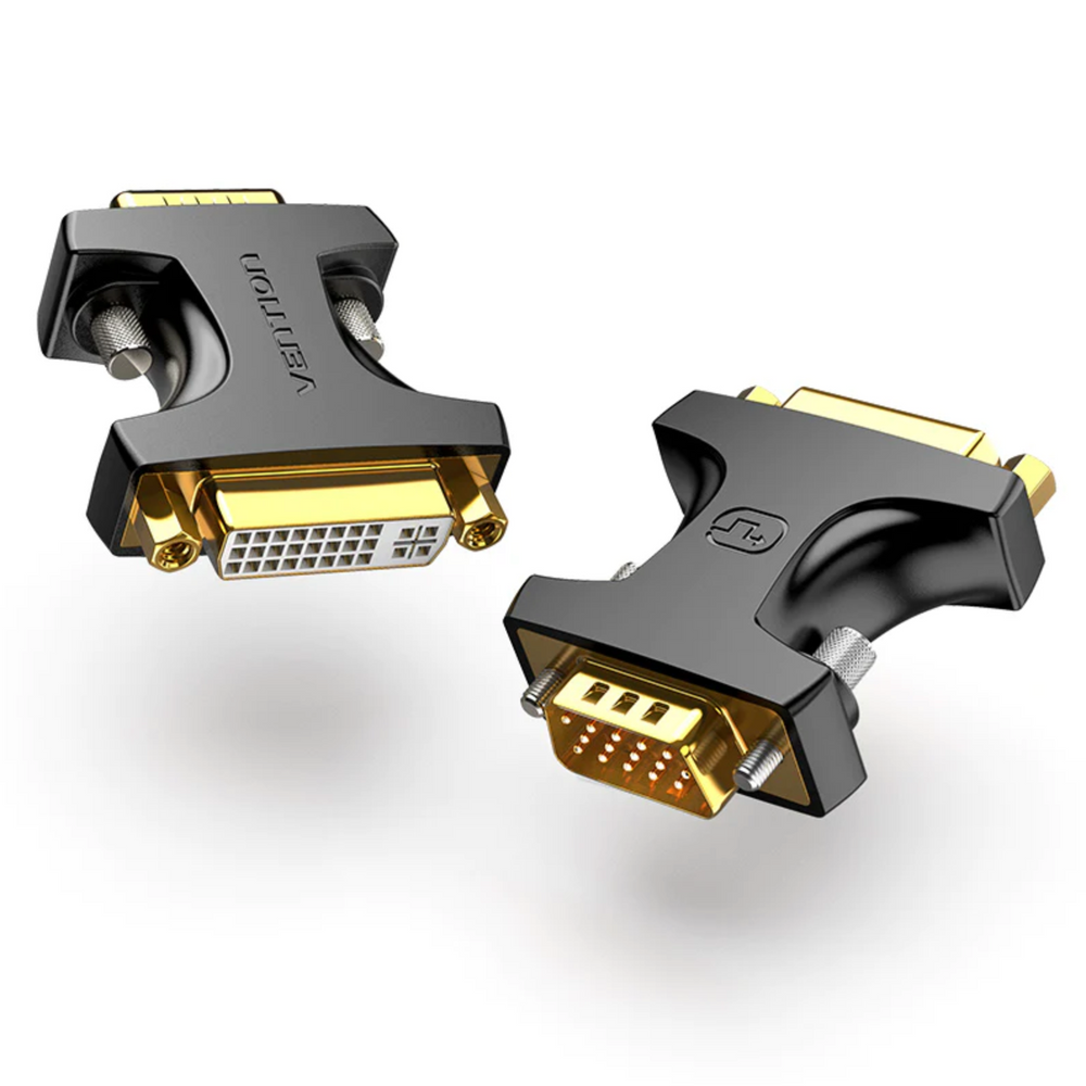 Black VGA male-to-DVI female adapter with gold-tone connectors and screw grips