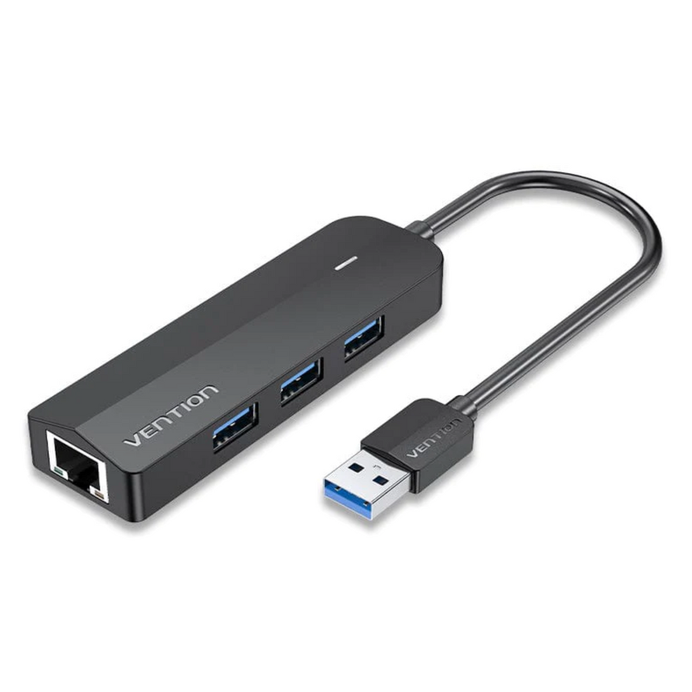 Black USB 3.0 hub with dual USB ports and gigabit Ethernet, USB plug and cable