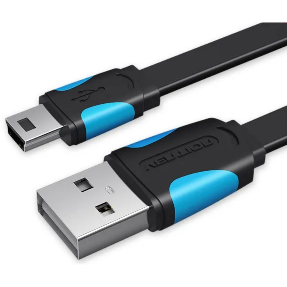 Flat black USB2.0 cable with USB-A male and mini 5-pin male connectors