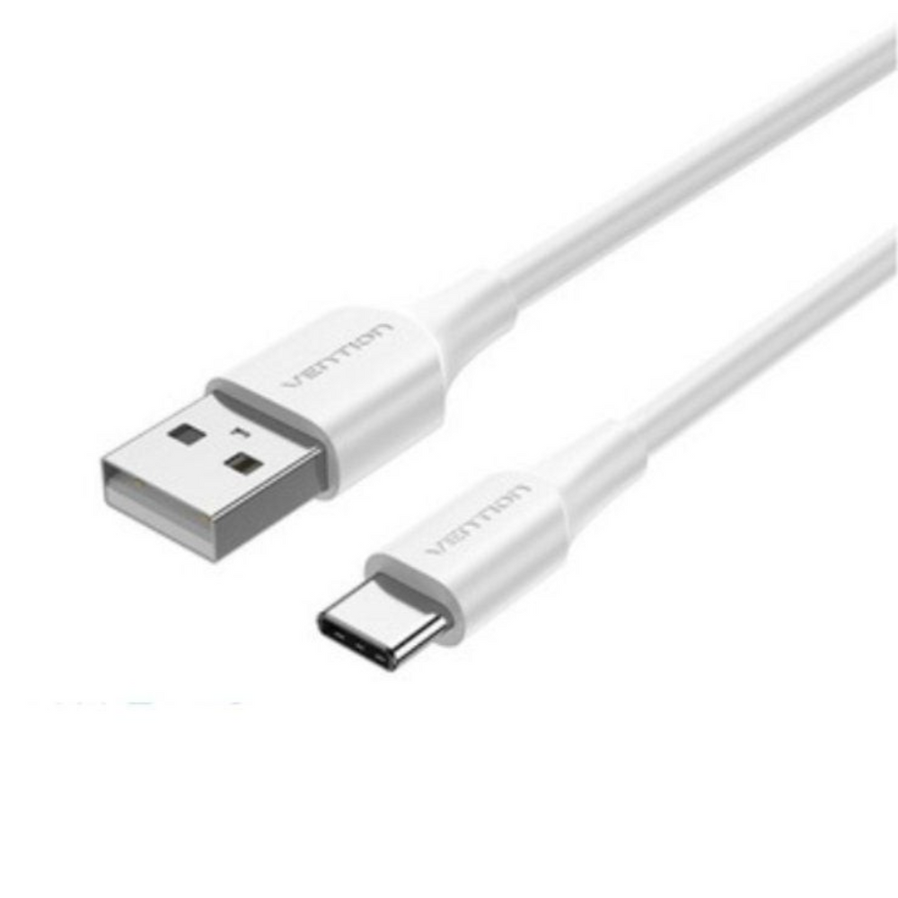 White USB-A male to USB-C male cable with gray tips