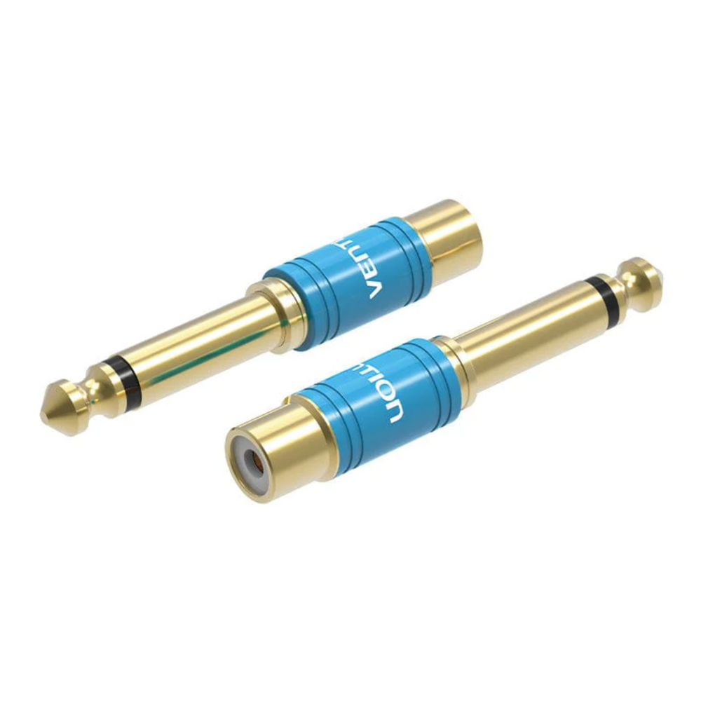Blue aluminum 6.35mm male to RCA female audio adapter with gold connectors