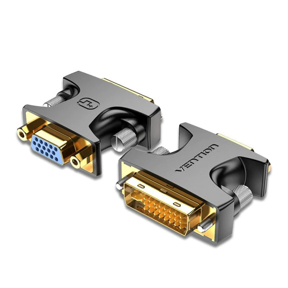 Black DVI male to VGA female adapter with gold connectors and thumb-screw grips