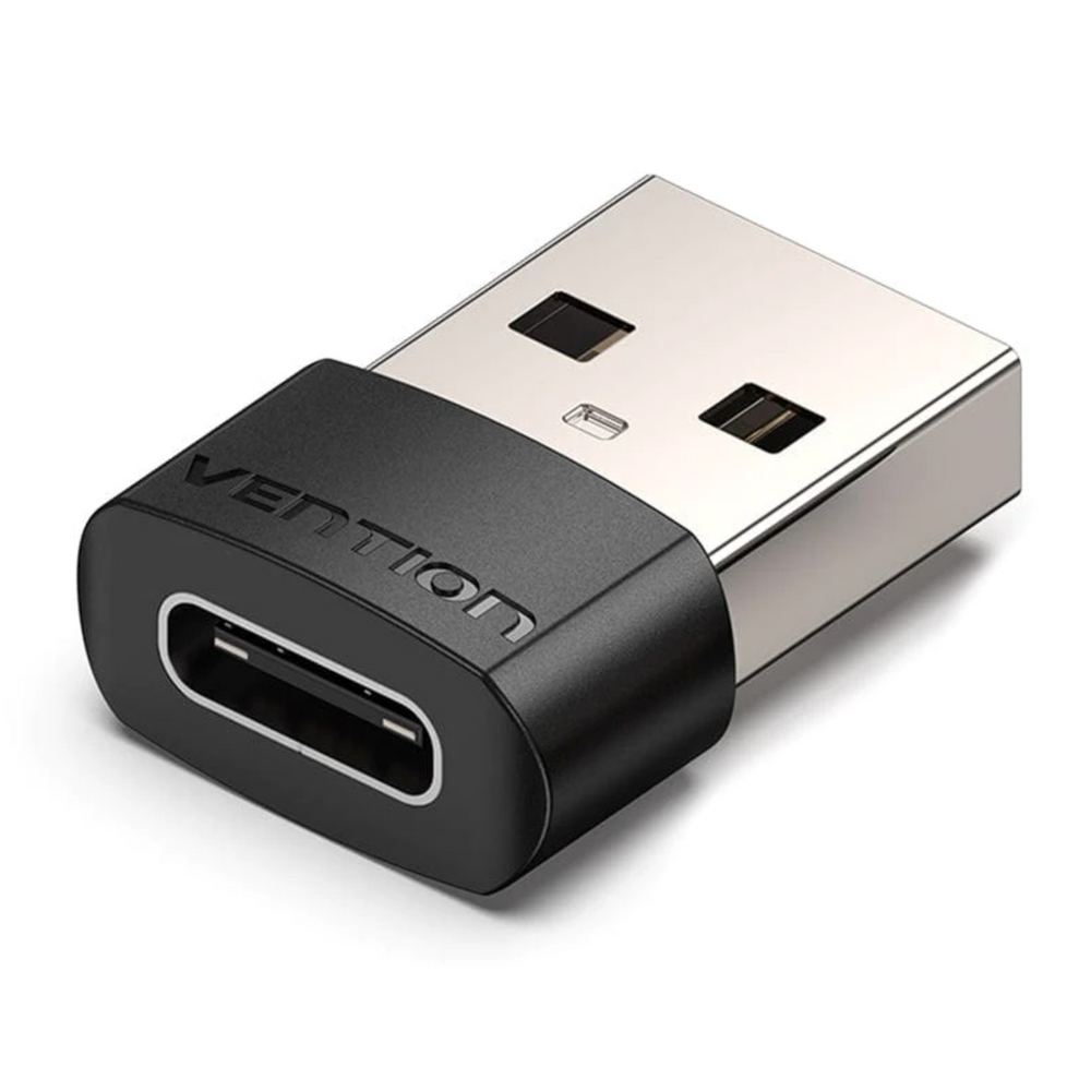 Black USB 2.0 male to USB-C female adapter with compact barrel design