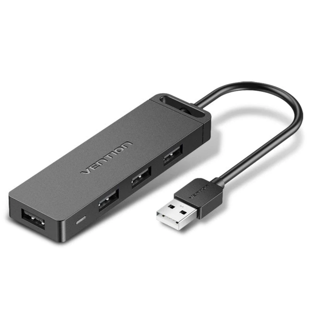 Vention 4-port USB 2.0 hub with power cable and four USB ports, black