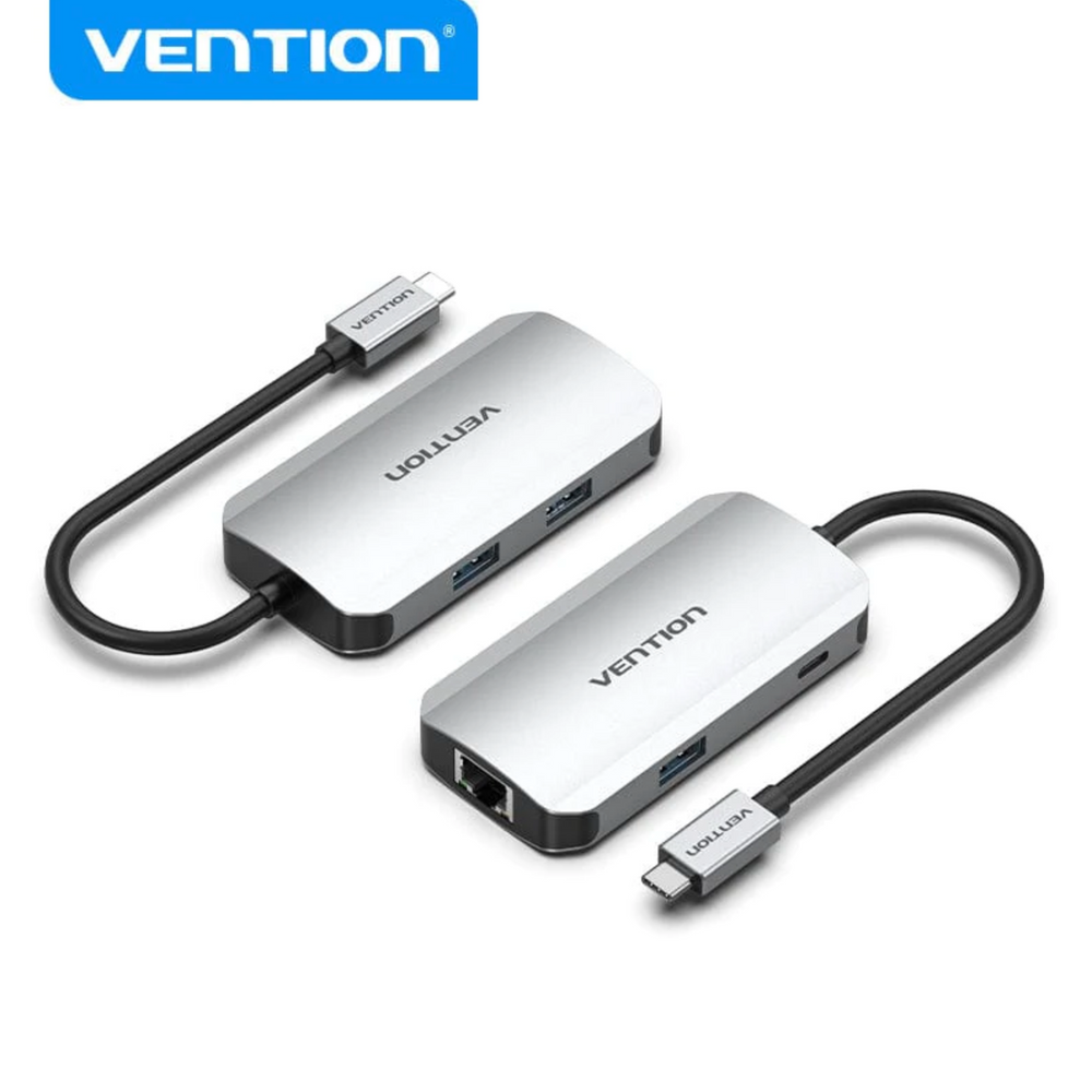 Gray aluminum USB-C hub adapter with USB 3.0 ports and RJ45 Ethernet