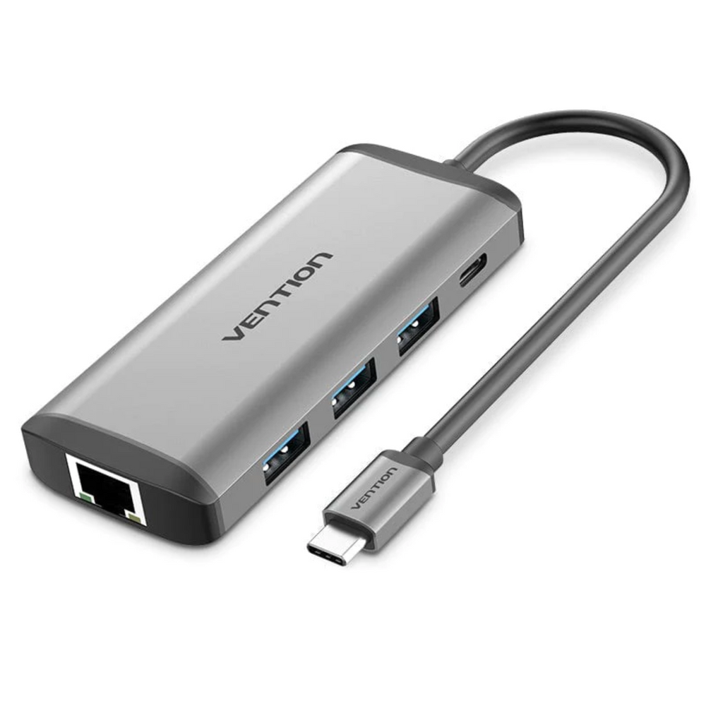 Vention gray metal USB-C hub with HDMI, USB ports, and RJ45 Ethernet