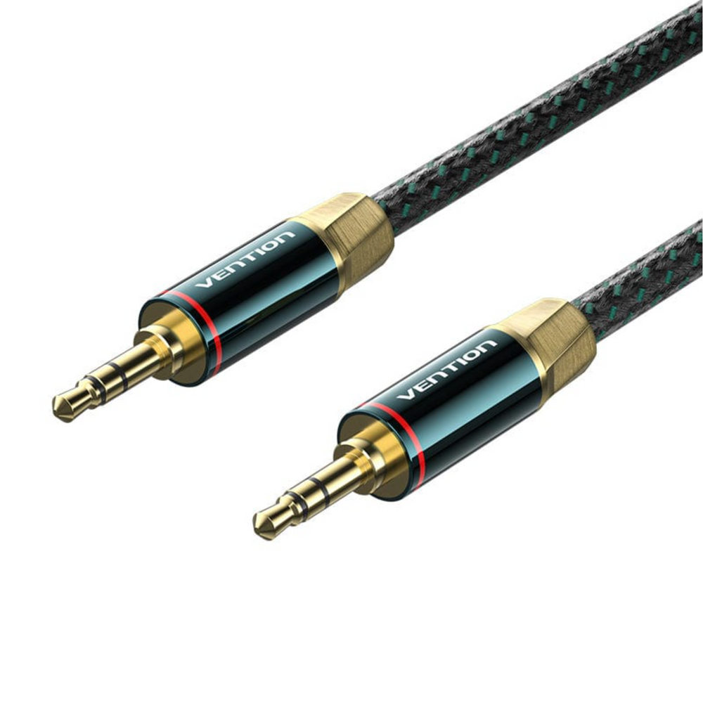 Braided 3.5mm male-to-male audio cable, green, gold connectors with Vention branding
