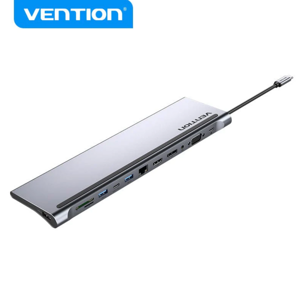 VEN-THSHC - Vention Multi-function USB-C to DP/HDMI/VGA/USB-C Gen 1/USB 3.0x2/USB 2.0/RJ45/SD/TF/TRRS 3.5mm/PD Docking Station 0.25m Gray Metal Type