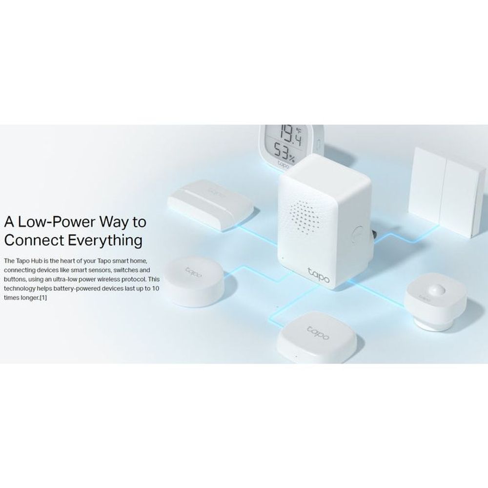 White Tapo smart IoT hub with chime, low-power wireless connection graphic and devices