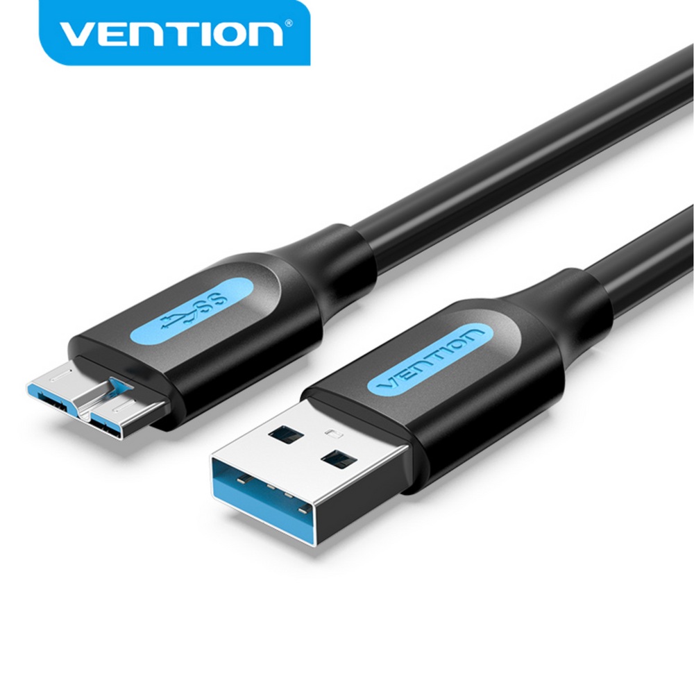 Black USB 3.0 A to Micro-B male cable, 1 m, with blue connectors