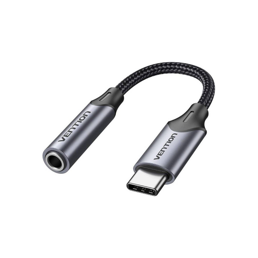 Vention USB-C to 3.5mm audio adapter with gray braided cable and DAC