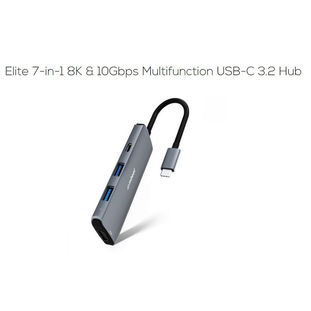 mbeat Elite 7-in-1 USB-C 3.2 hub with gray body and black braided cable