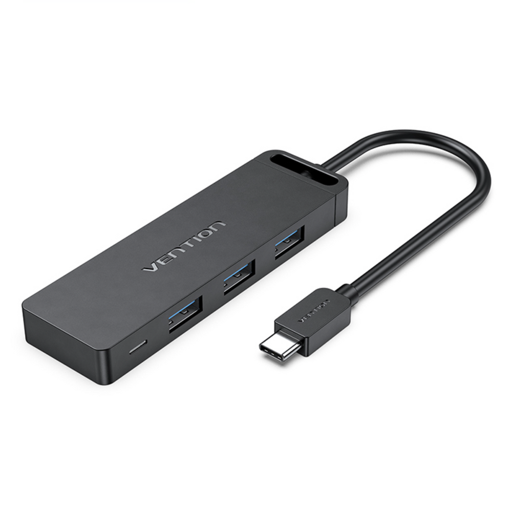 Black USB-C hub adapter with three USB-A ports and USB-C connector