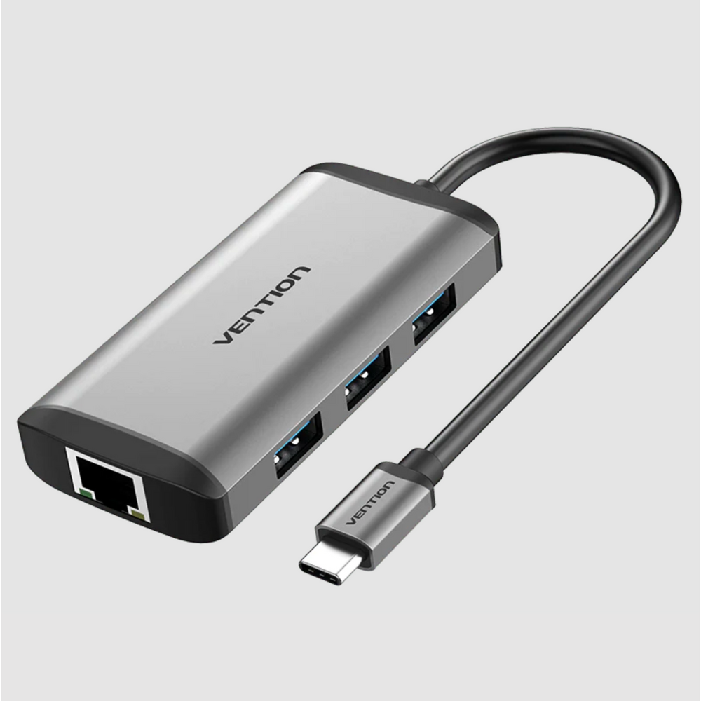Gray metal USB-C multiport adapter with HDMI, USB 3.0, RJ45 and PD