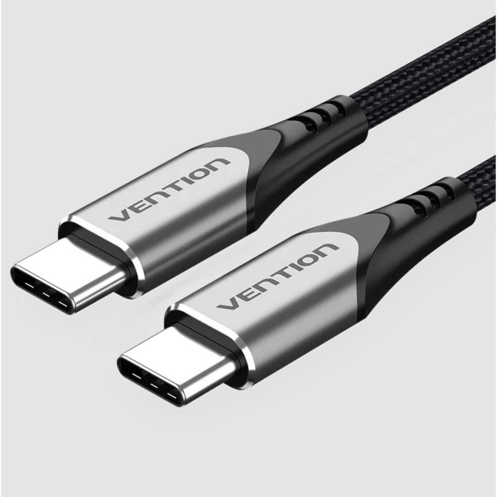 Gray USB-C to USB-C male cable, aluminum alloy ends, braided design, 2 m