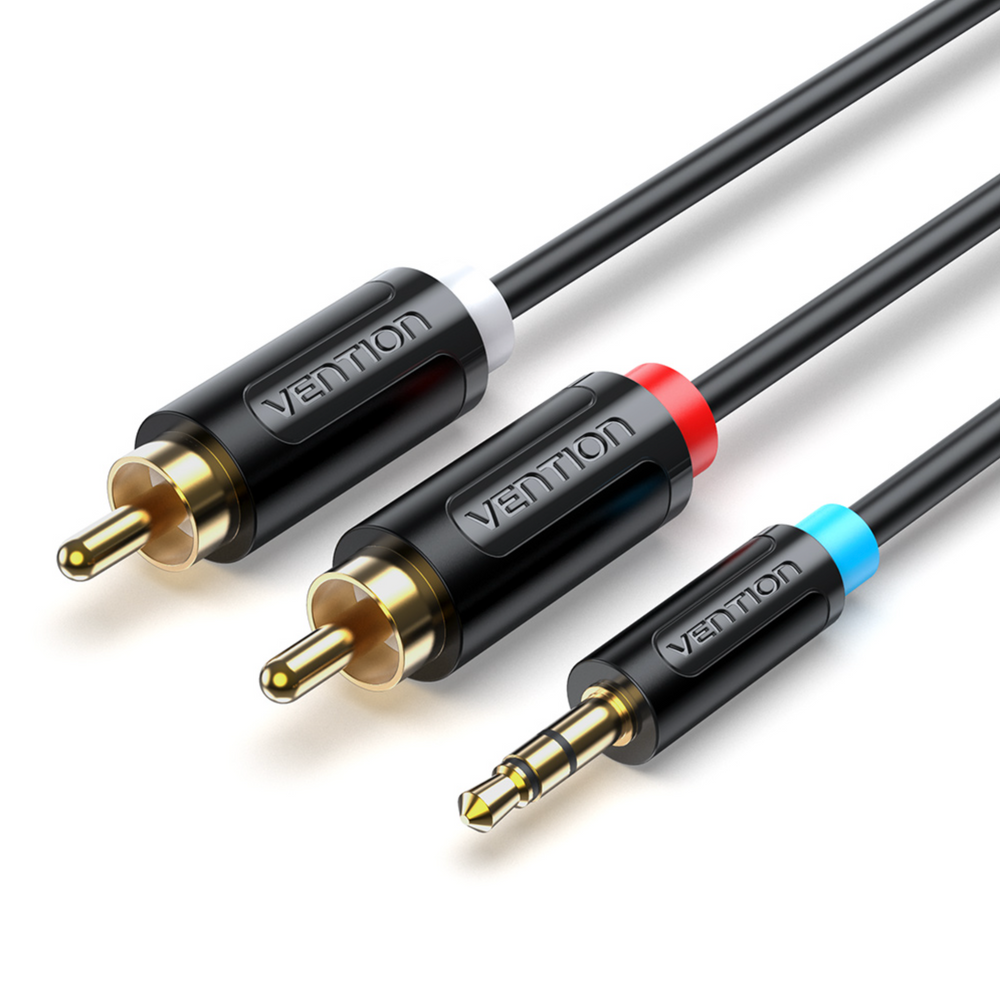 Black 3.5mm male to dual RCA male adapter cable with gold connectors