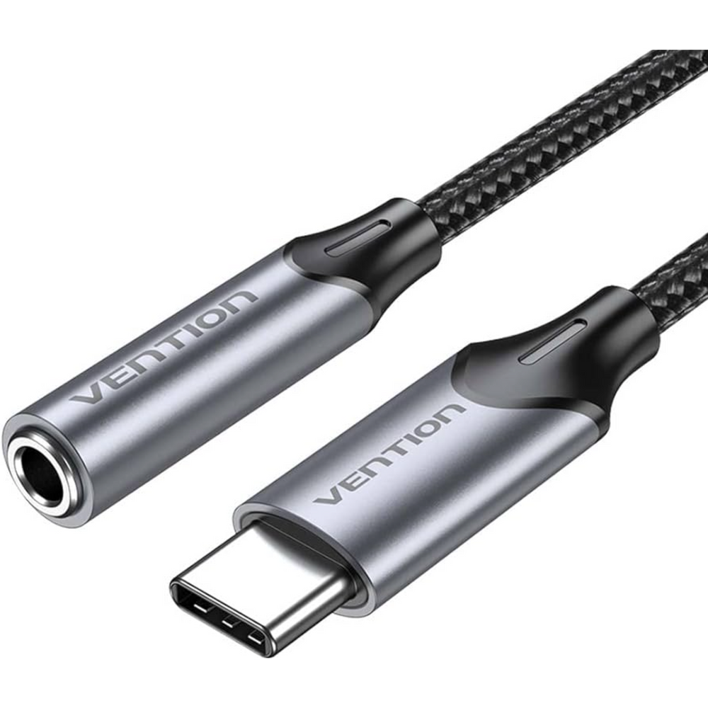 Gray aluminum USB-C to 3.5mm earphone jack audio adapter with cable
