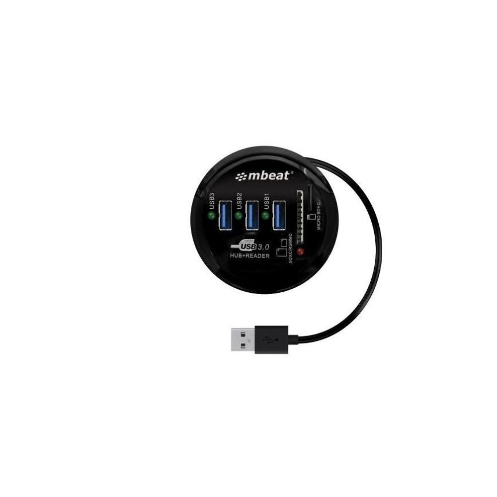 Black circular USB 3.0 hub with card reader ports and attached USB cable