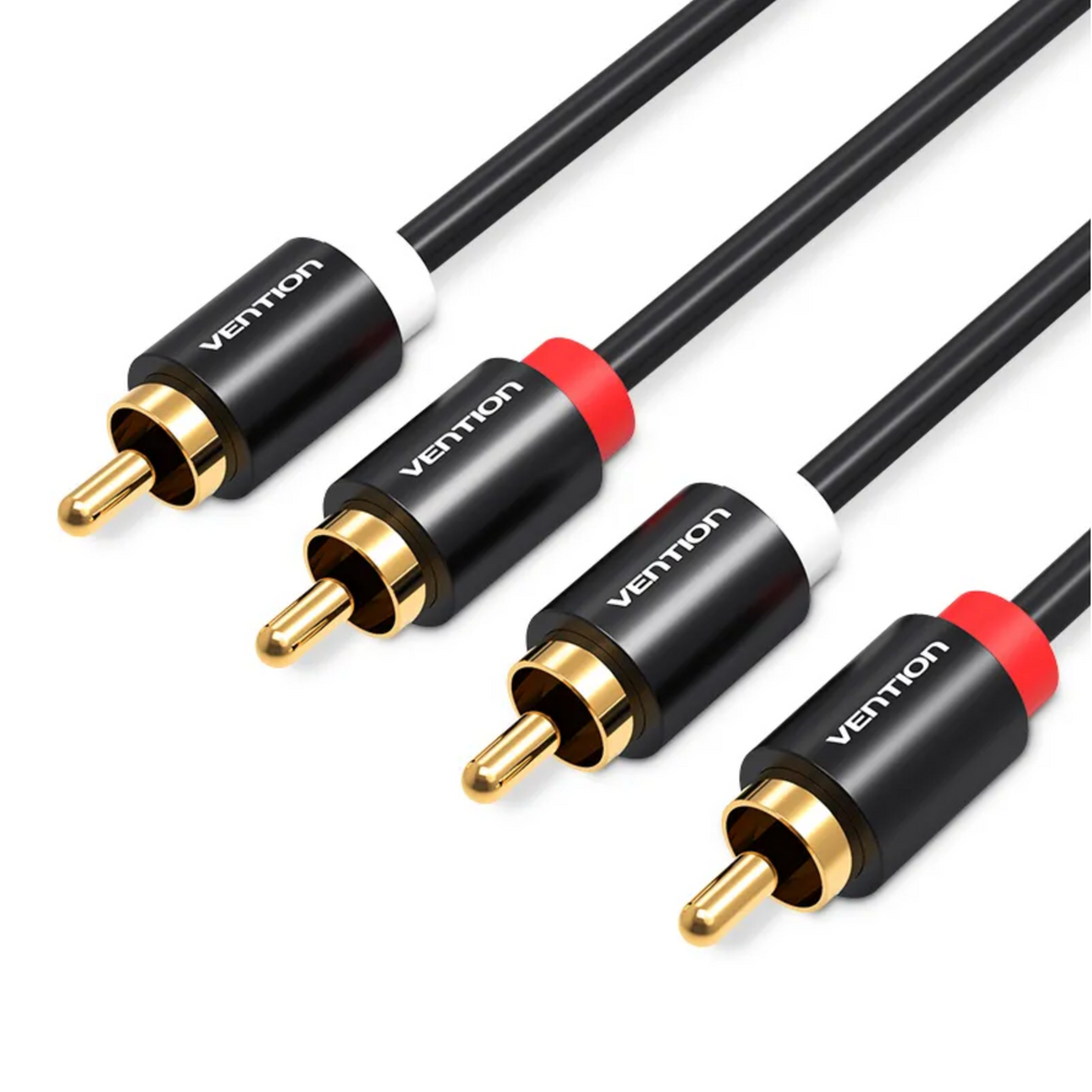 Black RCA male-to-male audio cable with gold connectors and red/white color bands