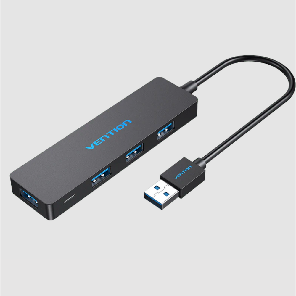 Black 4-port USB 3.0 hub with blue ports and attached USB-A cable