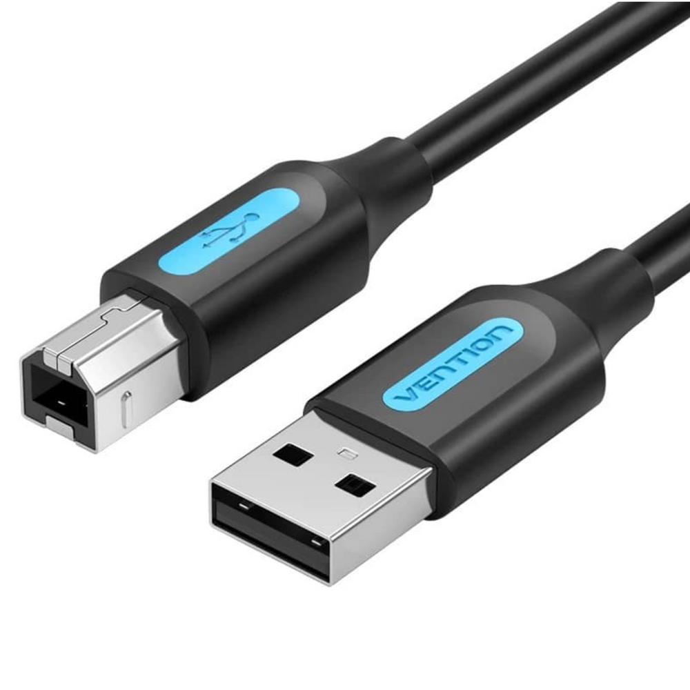 Black USB 2.0 cable with A male to B male connectors