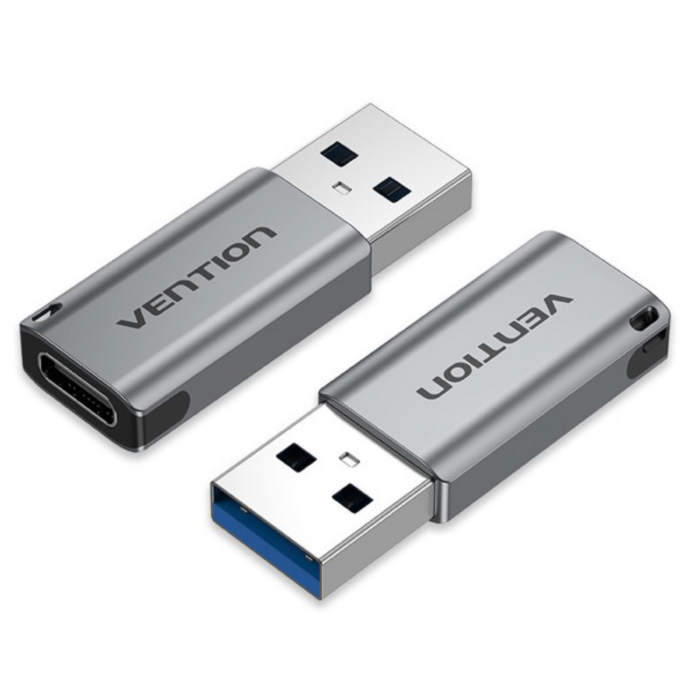 Gray aluminium USB 3.0 to USB-C adapter, USB-A male to USB-C female connector