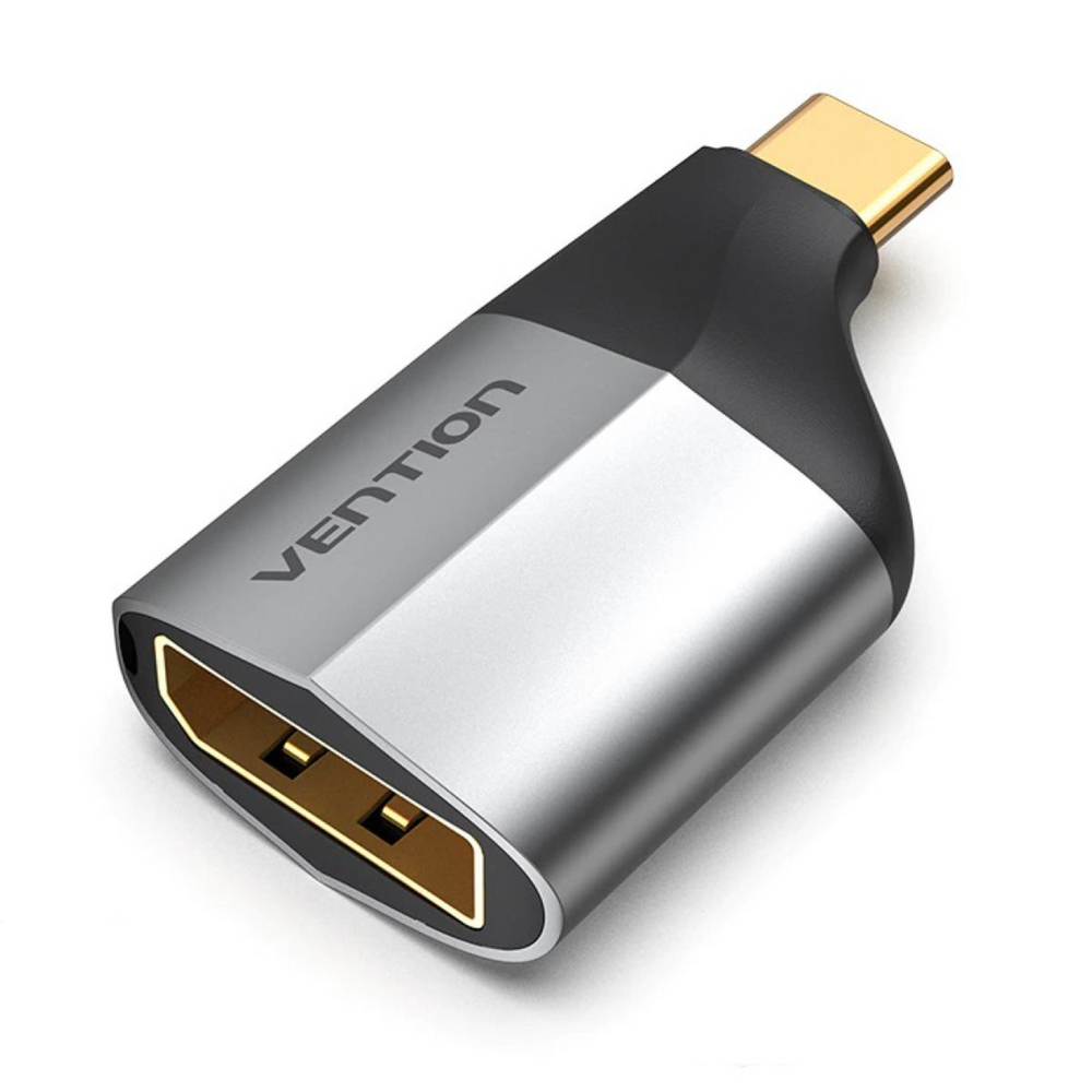 Gray metal USB-C to DisplayPort adapter with black connector housing