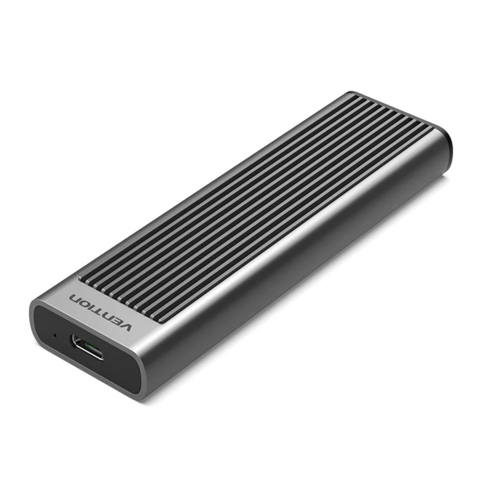 Gray aluminum M.2 NVMe SSD enclosure with heat sink and USB-C port