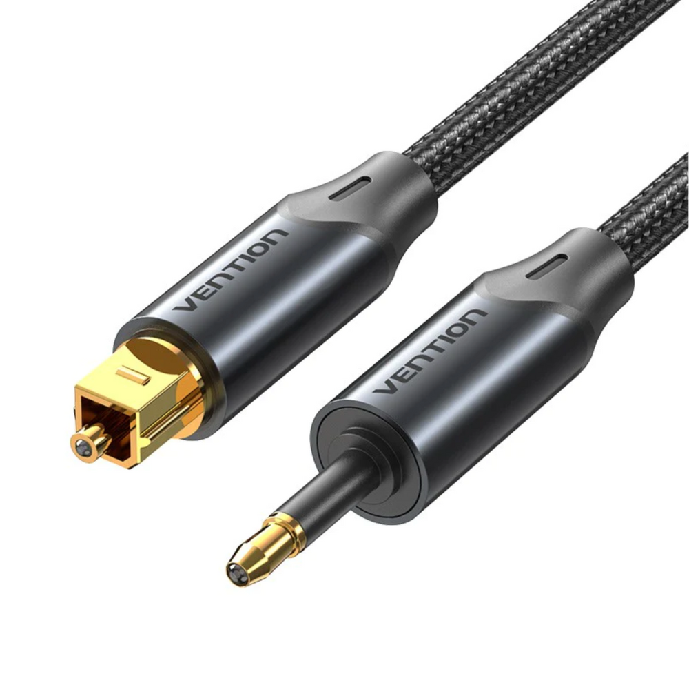 Black braided optical audio cable with Vention Toslink and mini Toslink connectors.