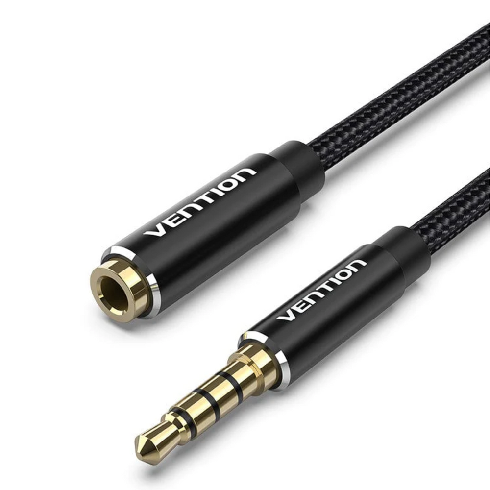 Vention black braided 3.5mm audio extension cable with gold-plated TRRS plugs