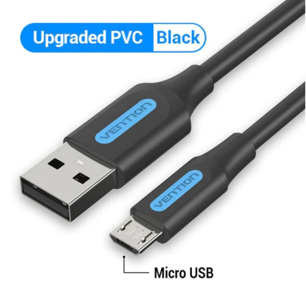 Black USB 2.0 A to Micro USB charging cable with metal connectors, 2m length