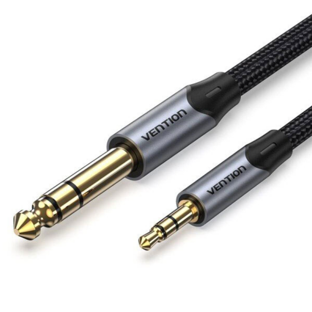Gray braided audio cable with 3.5mm and 6.35mm male TRS connectors, aluminum alloy housings