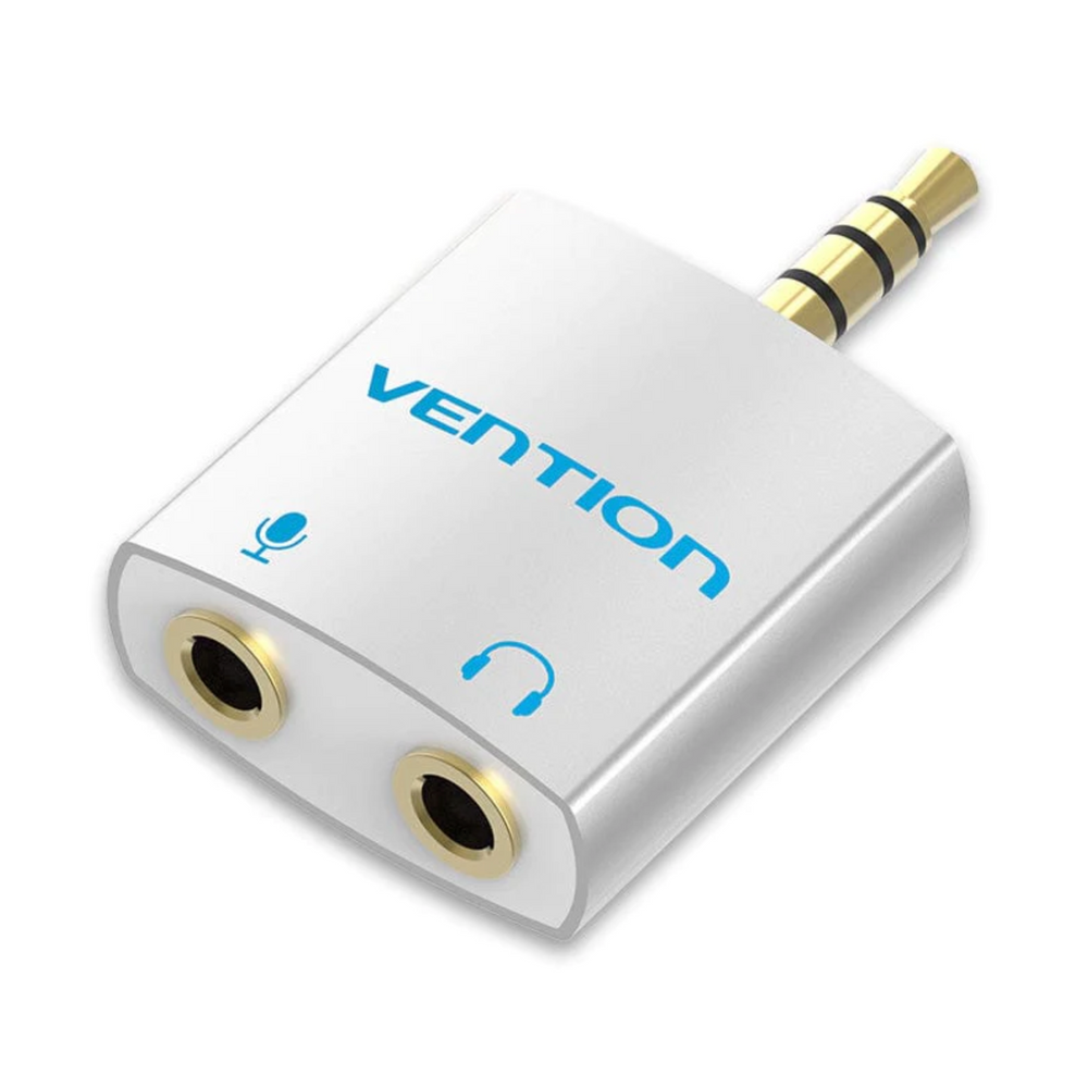 Silver metal 3.5mm audio adapter with two female ports and one male plug
