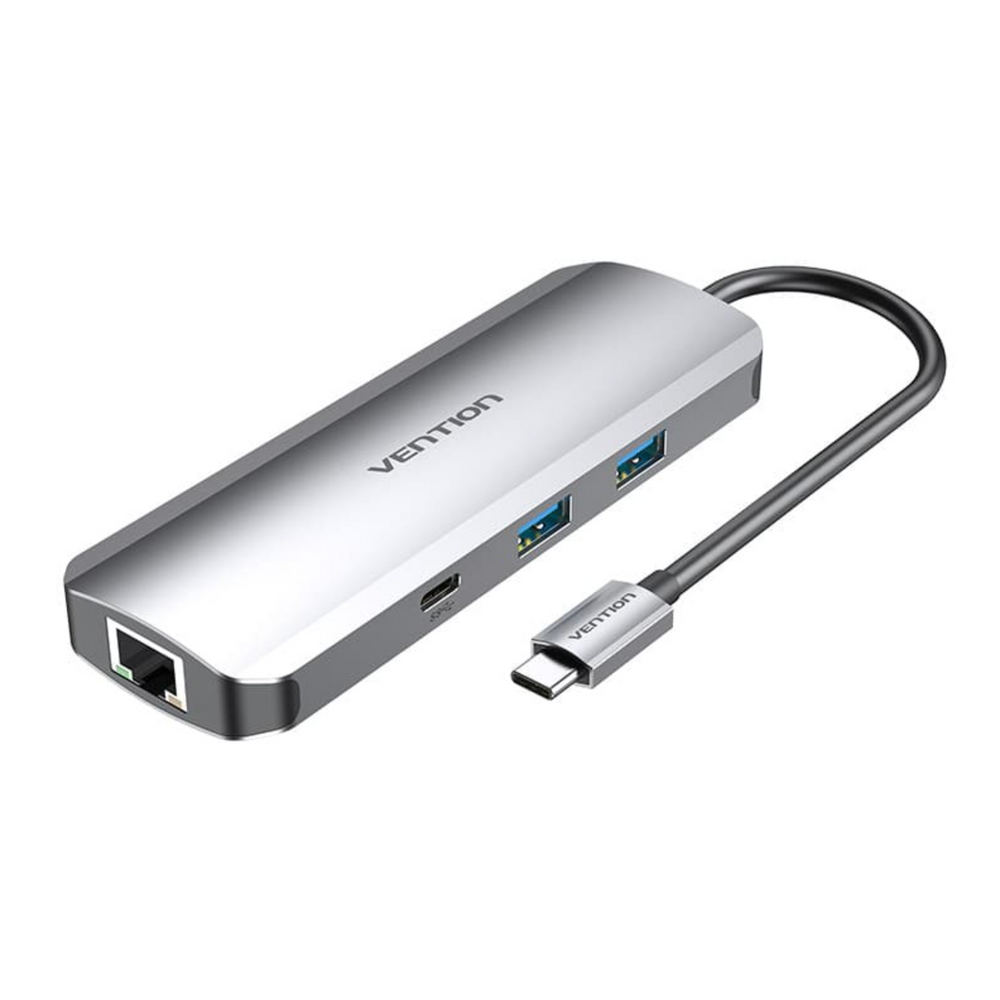 Gray aluminum USB-C docking station with multiple side ports and cable