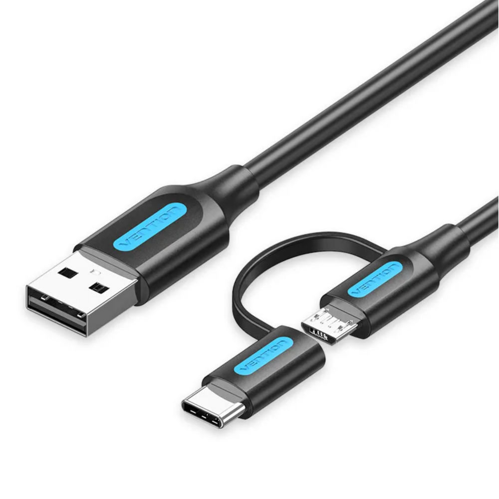 Black 2-in-1 USB-A to Micro-B and USB-C male cable, 2m, dual connectors
