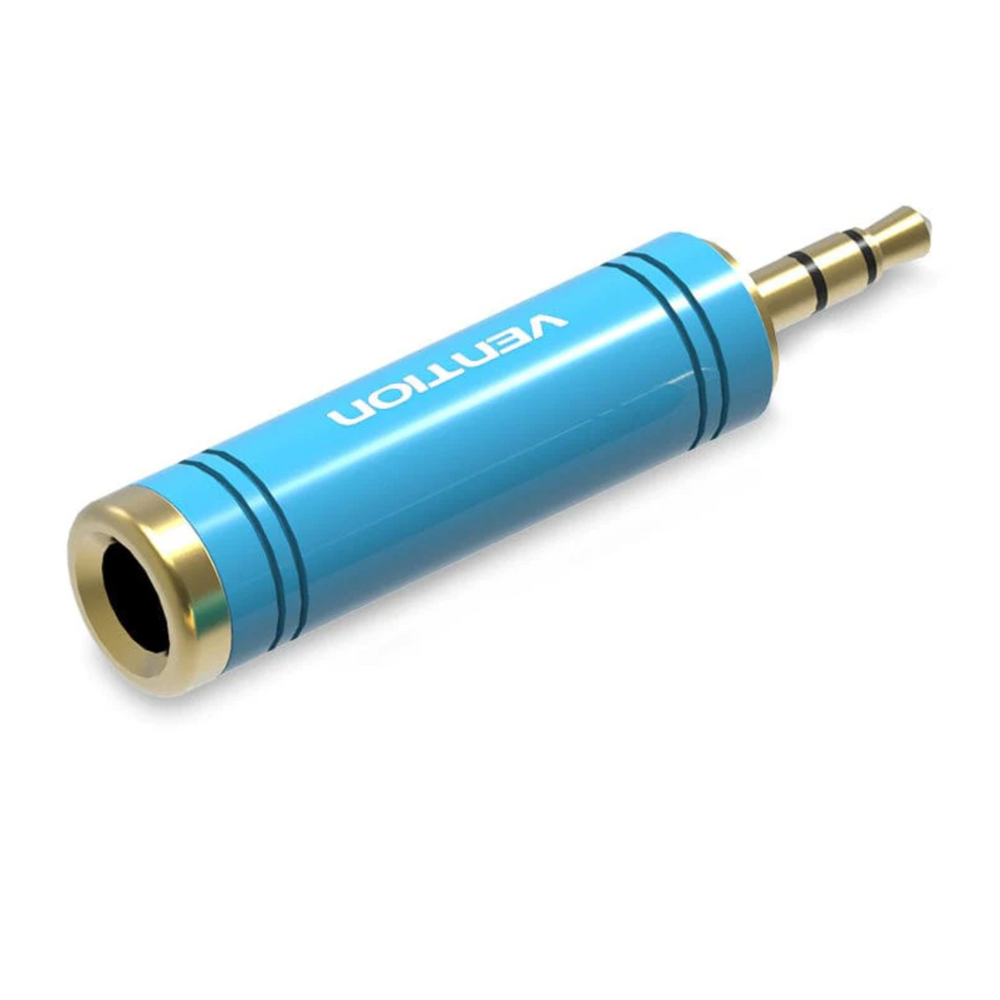 Blue aluminum audio adapter, 3.5mm male to 6.35mm female plug, gold terminals