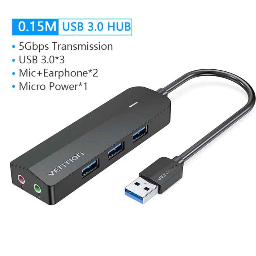 Black USB 3.0 hub with sound card, three ports, mic and earphone jacks.