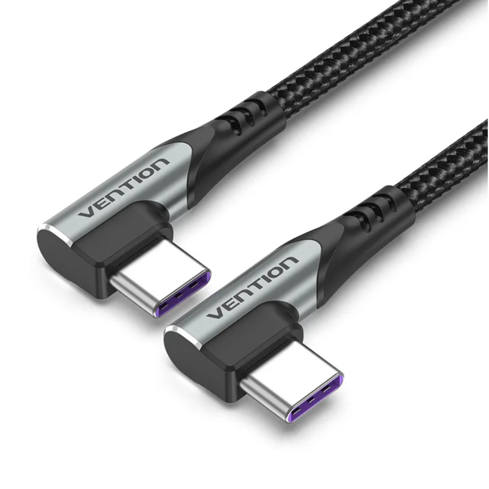 Gray braided USB-C to USB-C dual right-angle 5A cable, 1 m