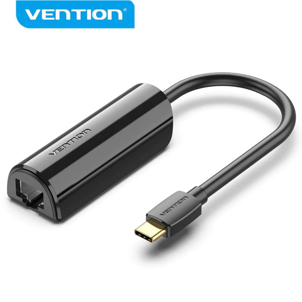 Vention USB-C to gigabit Ethernet adapter, black with USB-C and RJ45 ports