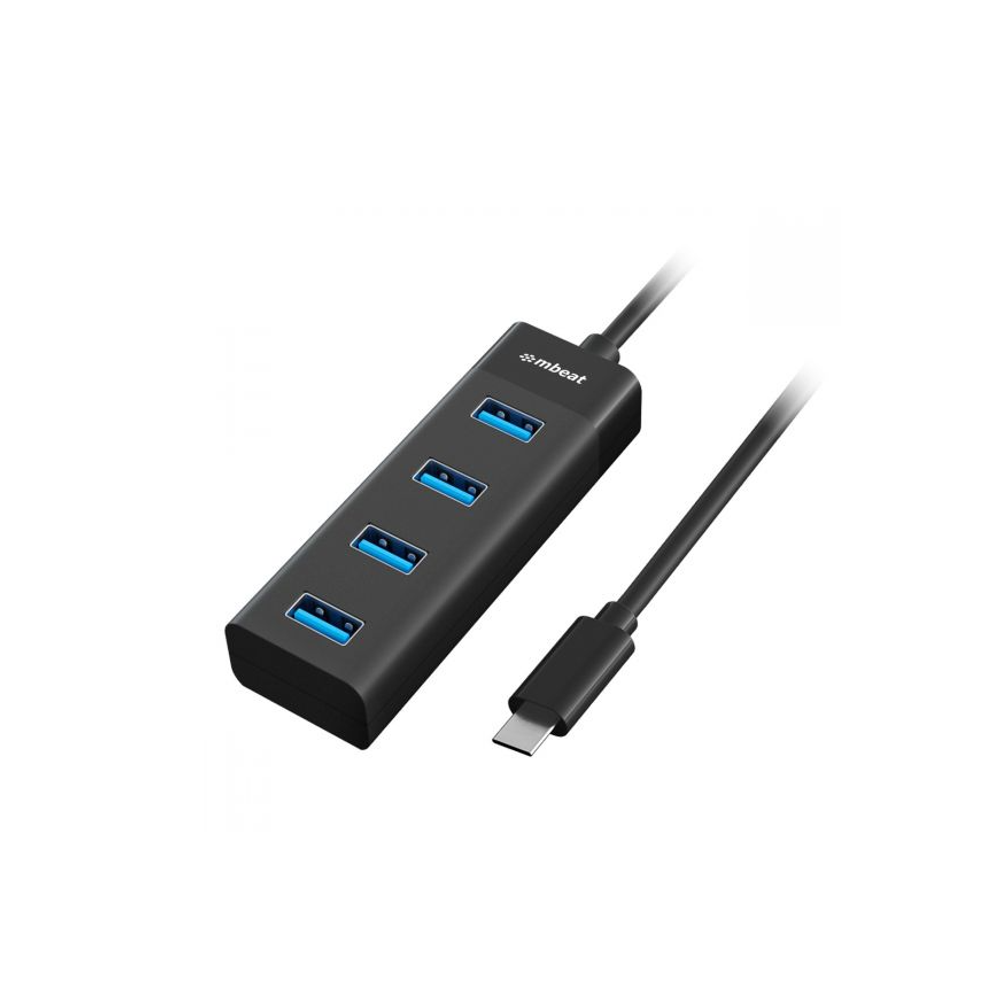 Black mbeat USB-C 4-port hub with four blue USB-A ports and USB-C cable