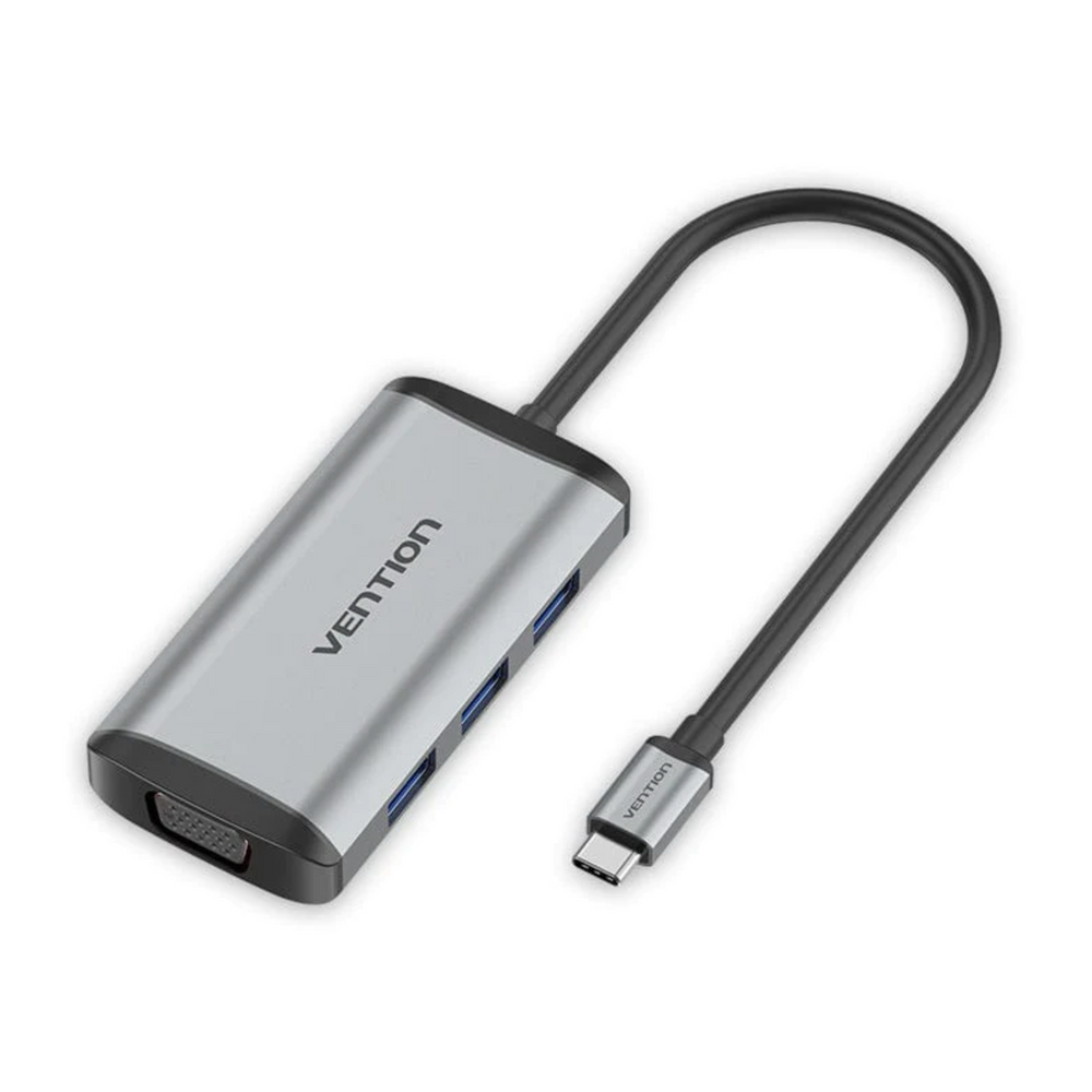 Gray metal USB-C docking station with multi ports and short USB-C cable, Vention logo