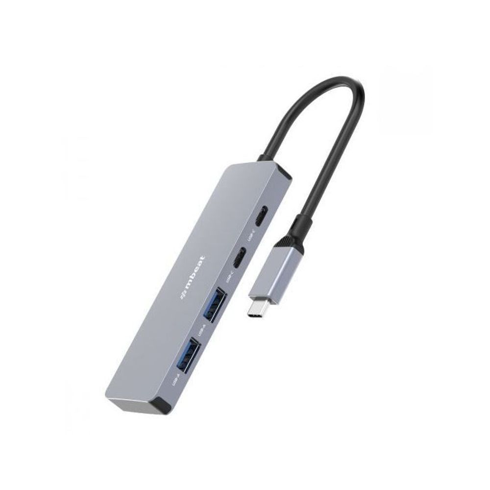 Grey 4-port USB-C hub with black braided cable and multiple USB ports