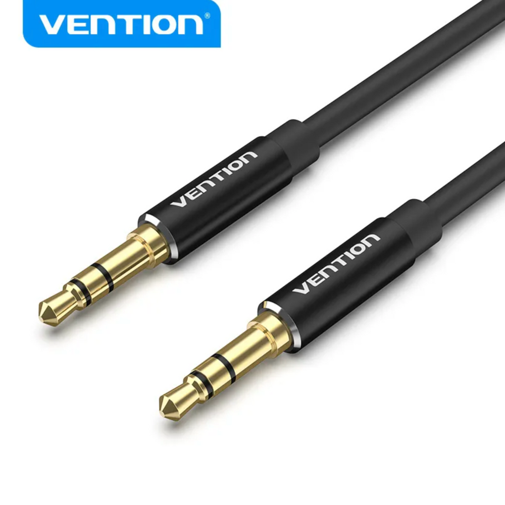 Black 3.5mm male audio cable with dual gold-plated plugs, aluminum alloy housing