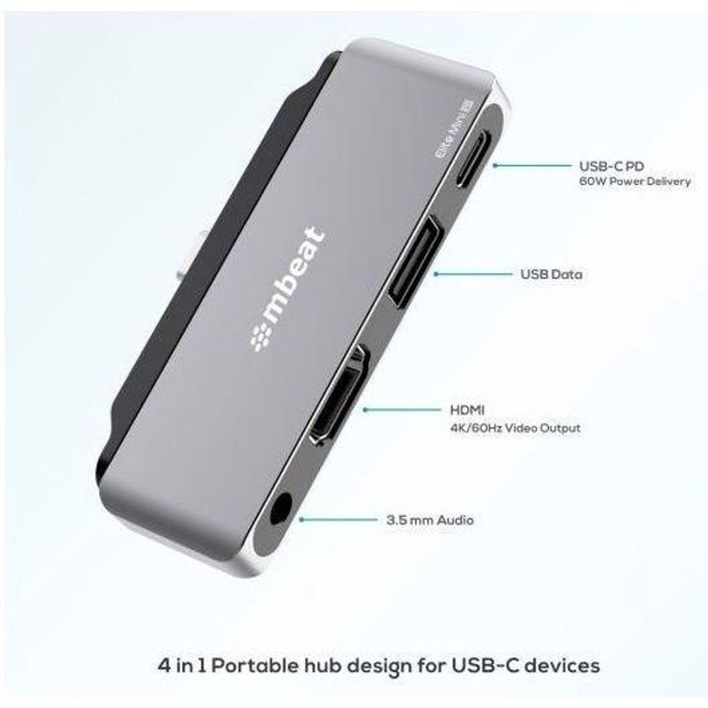 Gray USB-C 4-in-1 portable hub with PD, USB data, HDMI 4K/60, and 3.5mm audio